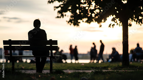 A person sitting on a park bench, staring distantly at the horizon with a thoughtful expression.  photo