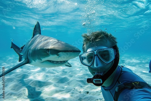 Man taking a selfie with a shark.