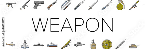 weapon war gun military army icons set vector. game knife, magic medieval, tank firearm, ammunition futuristic fantasy battle sword weapon war gun military army color line illustrations