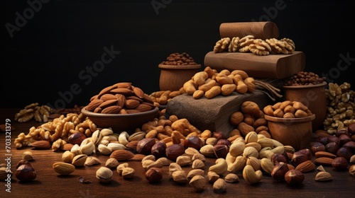  a pile of nuts sitting on top of a wooden table next to a pile of bags of nuts on top of a wooden table.