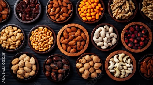  a variety of nuts and nutshells in wooden bowls on a dark wooden table with a black tablecloth.