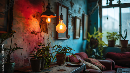 Three picture frames hanging from a light bulb, in the style of ambient occlusion, muted and subtle tones, bold use of light, crisp and clean lines