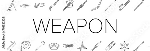 weapon gun game knife war icons set vector. military rifle, sword army, sign sniper, magic fantasy, medieval shield, shotgun weapon gun game knife war black line illustrations