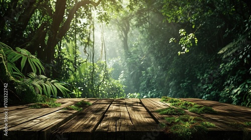 Wooden table in a lush forest background.