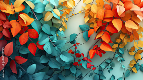 Elegant colorful with vibrant leaves hanging branches illustration background. Bright color 3d abstraction wallpaper for interior mural, Generated by AI
