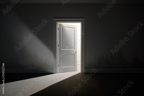 Open door with light streaming into a dark room