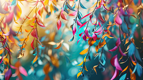Elegant colorful with vibrant leaves hanging branches illustration background. Bright color 3d abstraction wallpaper for interior mural, Generated by AI #703322937