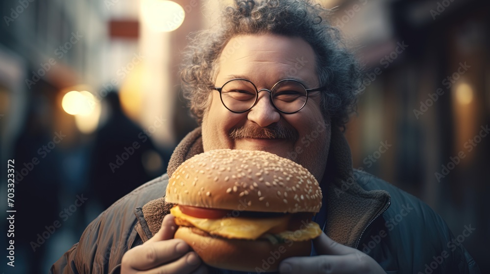 Happy smiling fat man in glasses holding delicious freshly cooked hamburger on the street - obrazy, fototapety, plakaty 