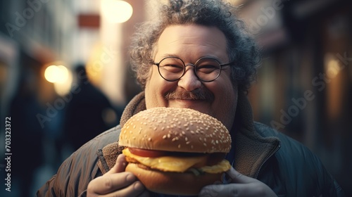 Happy smiling fat man in glasses holding delicious freshly cooked hamburger on the street