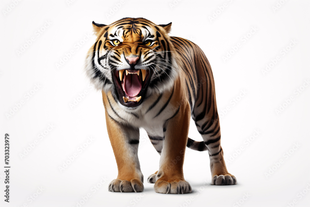 Obraz premium Tiger growling with mouth wide open against white backdrop