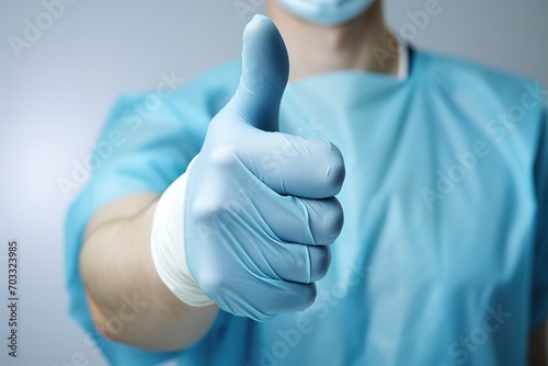 Man in blue hospital uniform showing thumbs up while wearing blue rubber glove photo