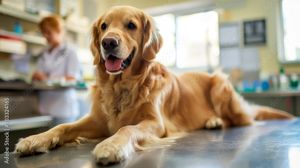Golden Retriever sitting on a veterinarian's table, clinic background with shallow field of view.
