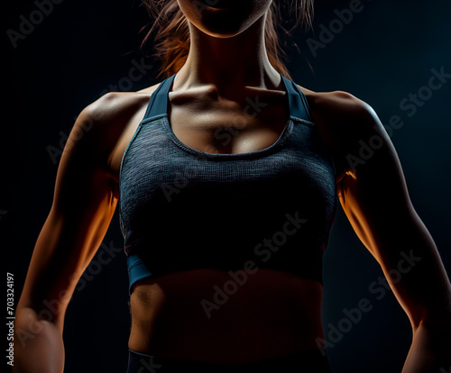 Toned female athlete in fitness attire isolated on black background.  © henjon
