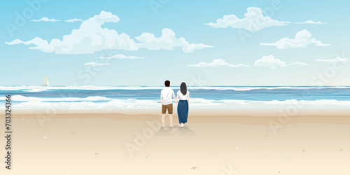 Couple of lover at the beach and tropical blue sea vector illustration. Journey of sweetheart concept flat design.