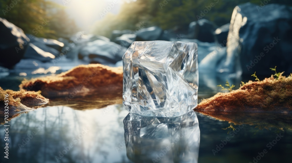 an ice cube sitting on top of a table next to a stream of water with rocks and trees in the background. an ice cube sitting on top of a table next to a stream of water with rocks and trees in the background.