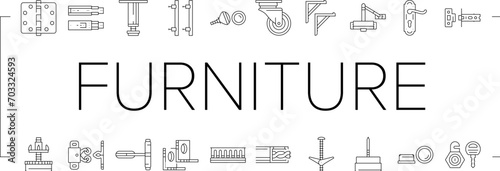 hardware furniture equipment icons set vector. metal construction, steel element, silver tool, screw bolt, wood home, house repair hardware furniture equipment black line illustrations