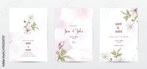 Flower and leaves watercolor wedding invitation template cards set photo
