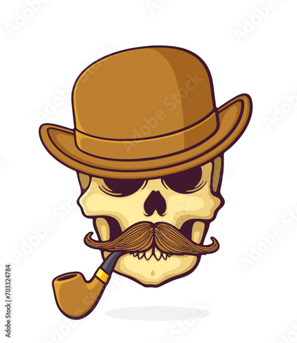 Skull with a mustache, smoking pipe and bowler hat. Vector illustration. Hand drawn cartoon clip art with outline. Isolated on white background