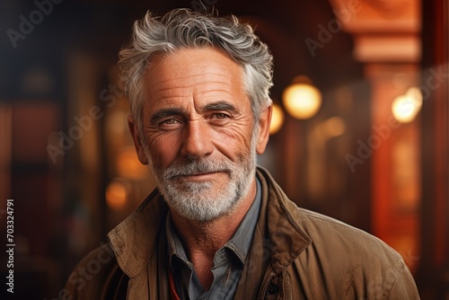Portrait of an elderly gray haired man in brown jacket on a blurred background of an evening street