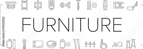 hardware furniture detail fitting icons set vector. equipment construction, metal steel, tool object, home element, metallic door, screw hardware furniture detail fitting black line illustrations