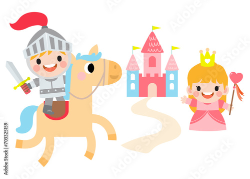 Fantasy knight princess and dragon . prince on horseback holding sword fights with dragon.