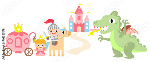 Fantasy knight princess and dragon . prince on horseback holding sword fights with dragon.