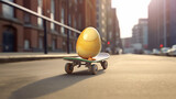 Photograph of an Easter agg playing on a skateboard.