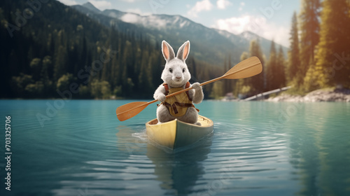 Photograph of a rabbit paddling canoe in a lake amidst nature.