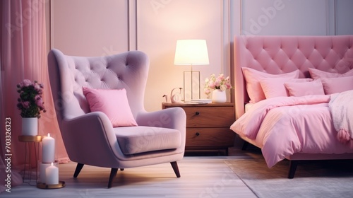 Paste pink armchair and lamp in elegant bedroom interior with comfortable bed with pillows, blanket and duvet, warm carpet on floor