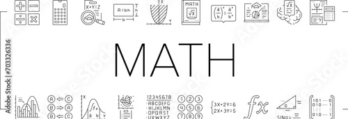 math education school science icons set vector. mathematics algebra, geometry formula, knowledge graphic, mathematical equation math education school science black line illustrations