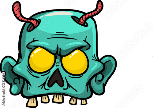 Cartoon funny green zombie character design with scary face expression. Halloween vector. Great for package design or party decoration