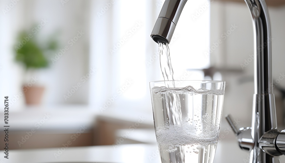 water is pouring from a tap into a glass over blurred white kitchen background - obrazy, fototapety, plakaty 