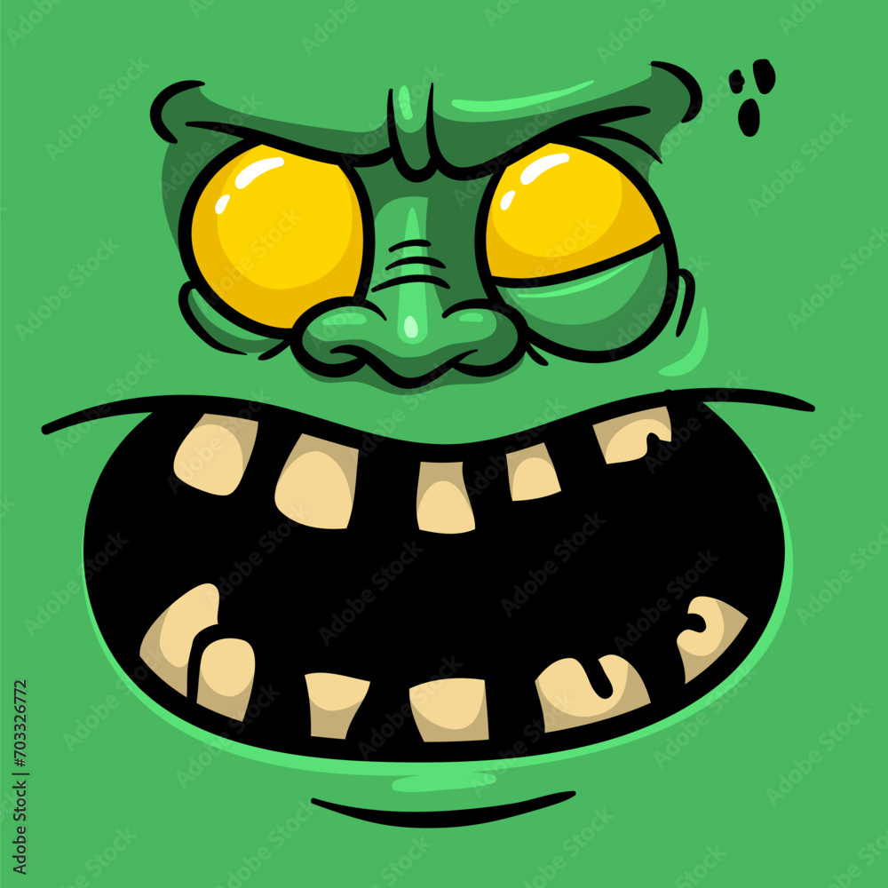 Obraz premium Cartoon funny green zombie character design with scary face expression. Halloween vector. Great for package design or party decoration