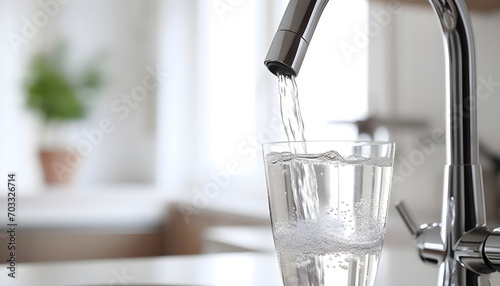 water is pouring from a tap into a glass over blurred white kitchen background photo