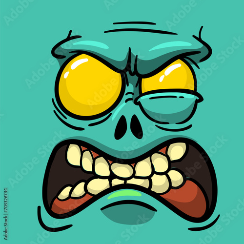 Cartoon funny green zombie character design with scary face expression. Halloween vector. Great for package design or party decoration