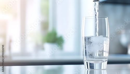 water is pouring from a tap into a glass over blurred white kitchen background