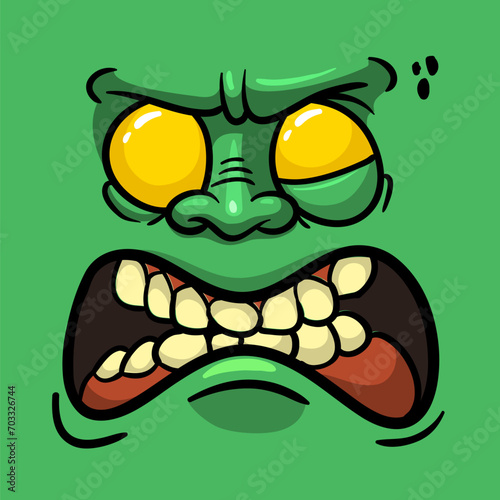 Cartoon funny green zombie character design with scary face expression. Halloween vector. Great for package design or party decoration