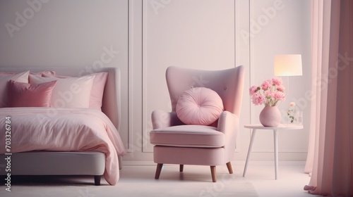 Paste pink armchair and lamp in elegant bedroom interior with comfortable bed with pillows  blanket and duvet  warm carpet on floor