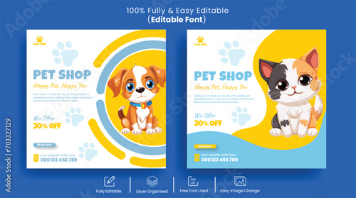 Pet shop, pet food, veterinary doctor social media post or square flyer,and Instagram website banner set for promotional pet care advertising dog and cat illustration