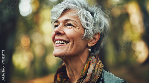 Beautiful senior female model with grey hair smiling