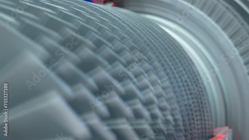 Turbine blades is rotating and stopping. Close up. Turbine insides