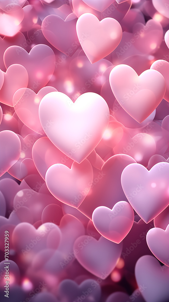 Pink hearts background with lights, sparkles and bokeh. Valentine's Day card.