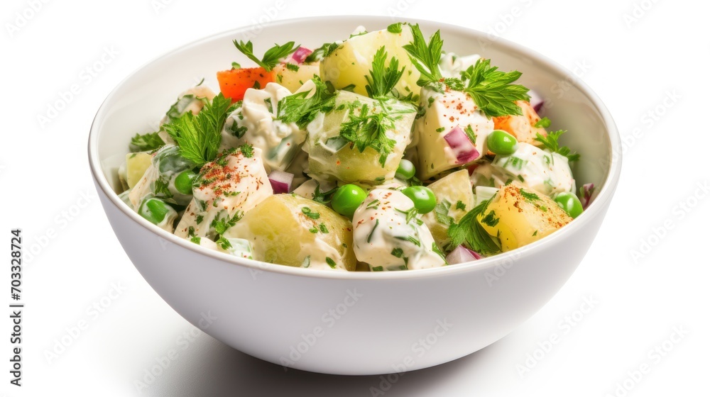  a bowl of potato salad with peas, carrots and parsley in a white bowl on a white background.