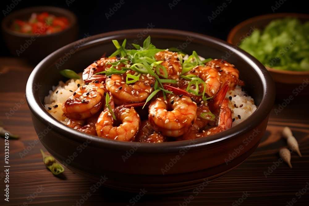 Brown Bowl with Shrimp in Oil and Spices Brown Bowl with Shrimp in Oil and Spices