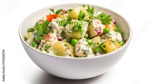  a bowl of potato salad with peas, carrots and parsley in a white bowl on a white background.