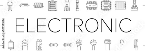 electronic component circuit chip icons set vector. technology computer, hardware microchip, processor electrical, engineering tech, cpu electronic component circuit chip black line illustrations