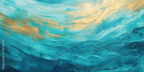 Oil painting with Abstract waves in turquoise and gold color, texture colorful banner background