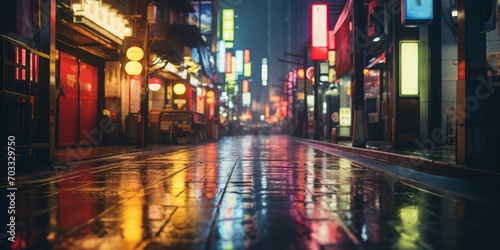 Japanes neon street at night. Wet and long empty street. © Dragan