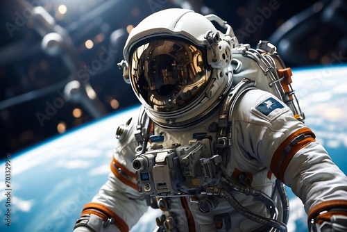 Astronaut at Spacewalk. Astronaut Working Outside on a Space Station near the Planet. © Radovan