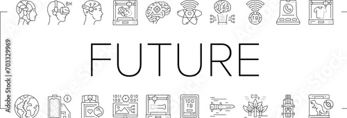future techology digita modern icons set vector. tech science, futuristic data, internet computer, connection business communication future techology digita modern black line illustrations
